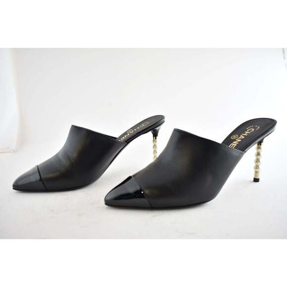 Chanel 20C Paris Rome Pearl Black Leather CC Mule Slide Backless Heel Pump 40.5 - Picture 6 of 8